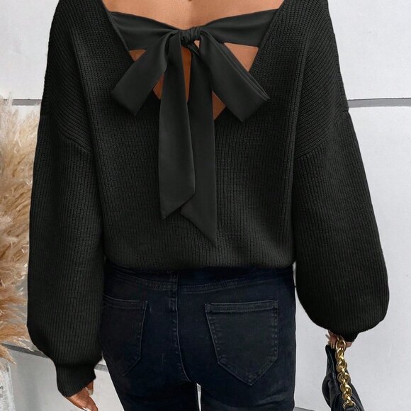 Black Casual Womens Back Strap Lantern Sleeve Sweater - Picture 5 of 5